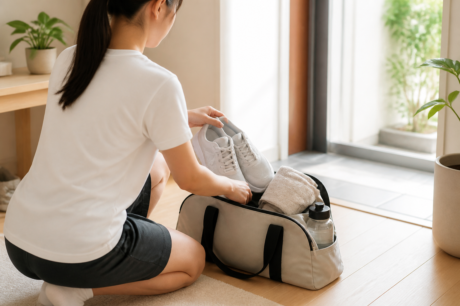 高校生が運動用の室内シューズとタオルを準備しているフィットネス利用のイメージ