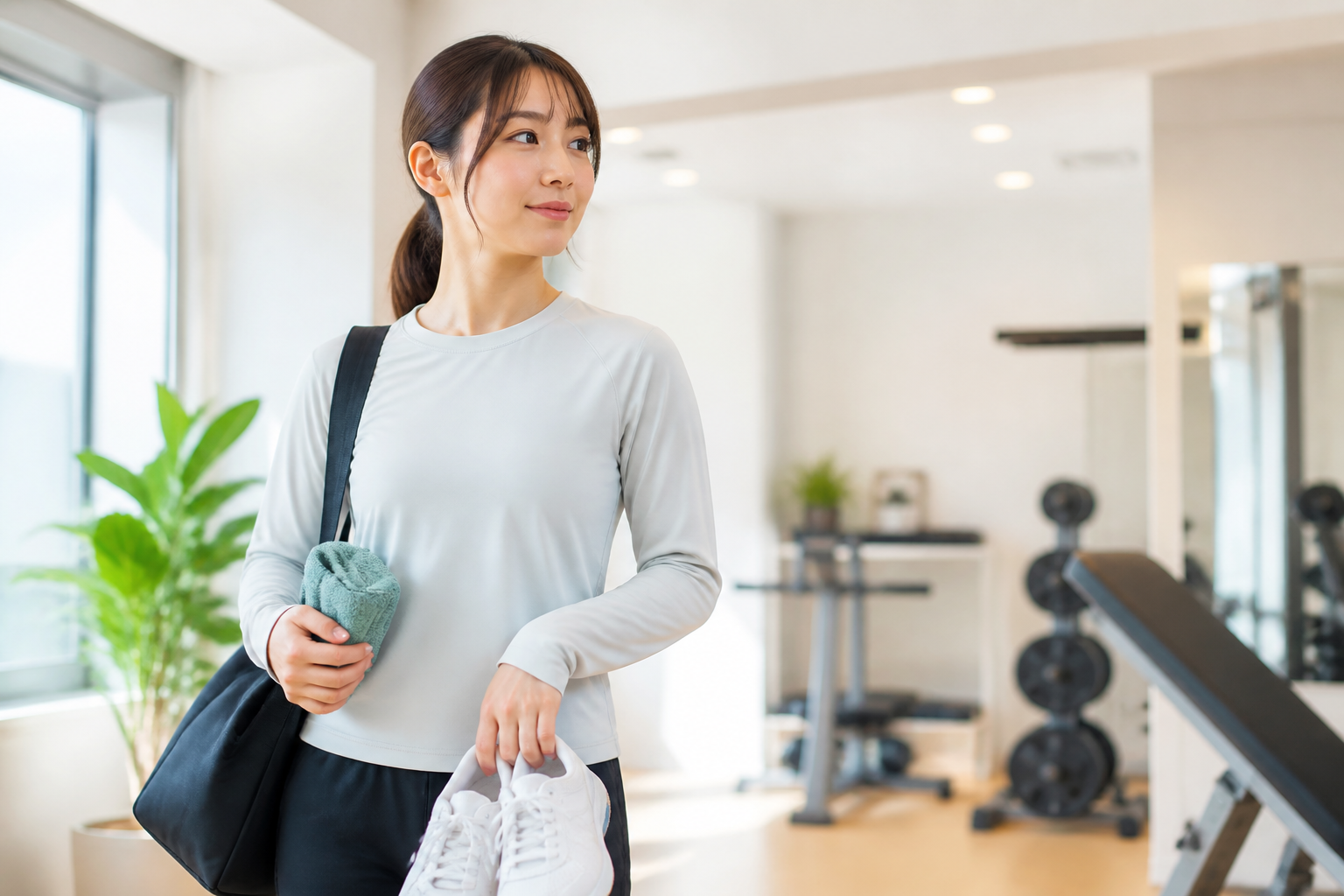 ジム見学前にタオルと室内シューズを持って店内を確認する女性のイメージ