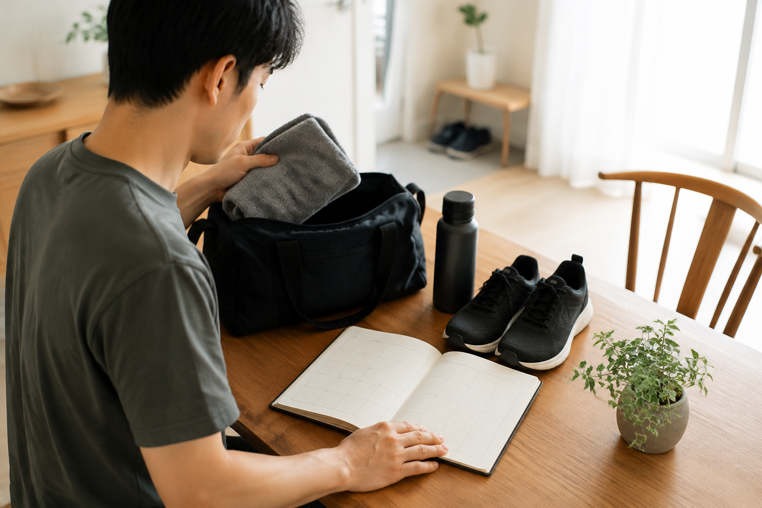 週の予定を見ながら、運動用バッグを準備してジム通いを考える人のイメージ