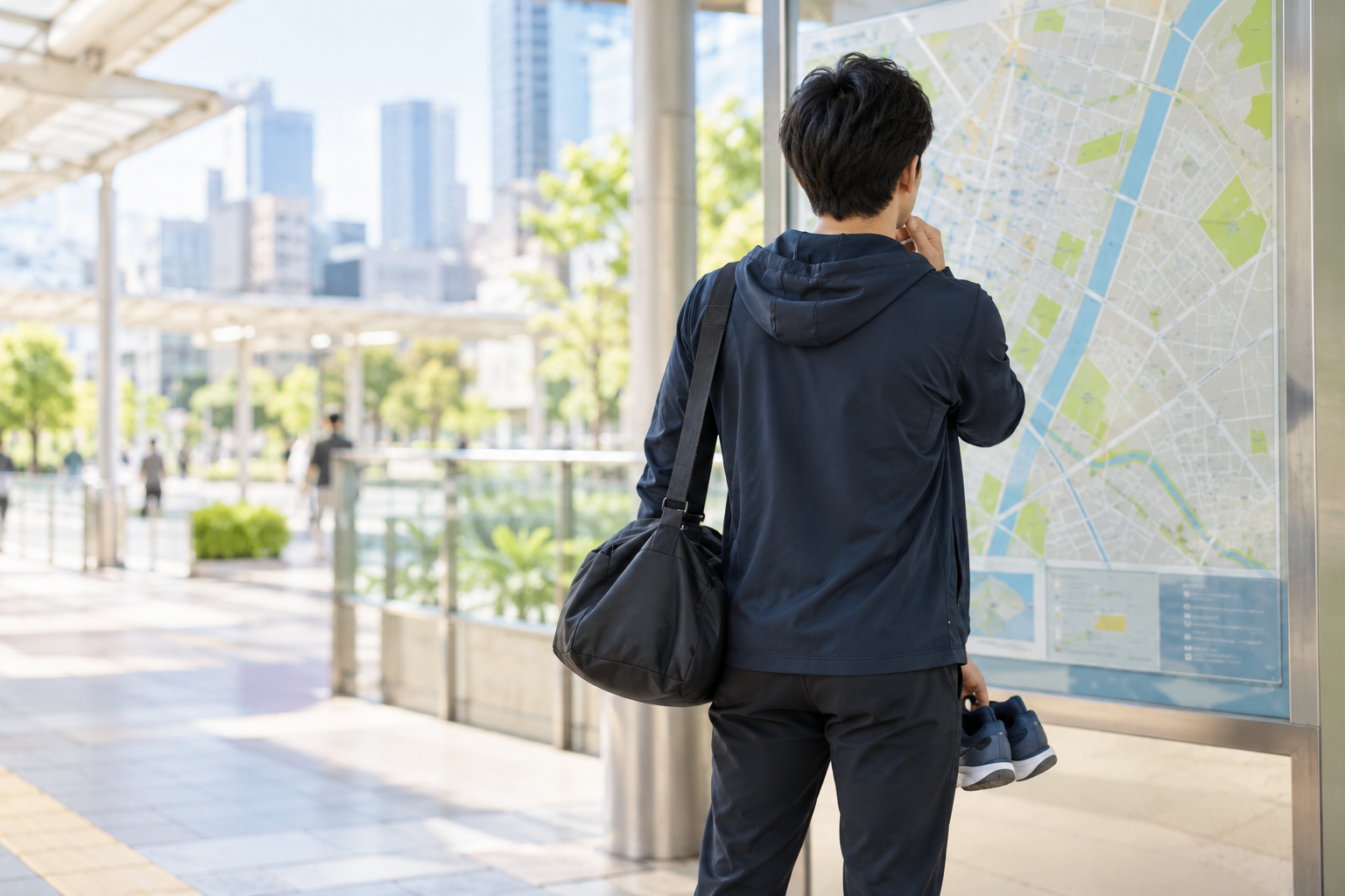 運動用バッグを持ち、最初に訪れる場所を地図で確認する人の生成イメージ